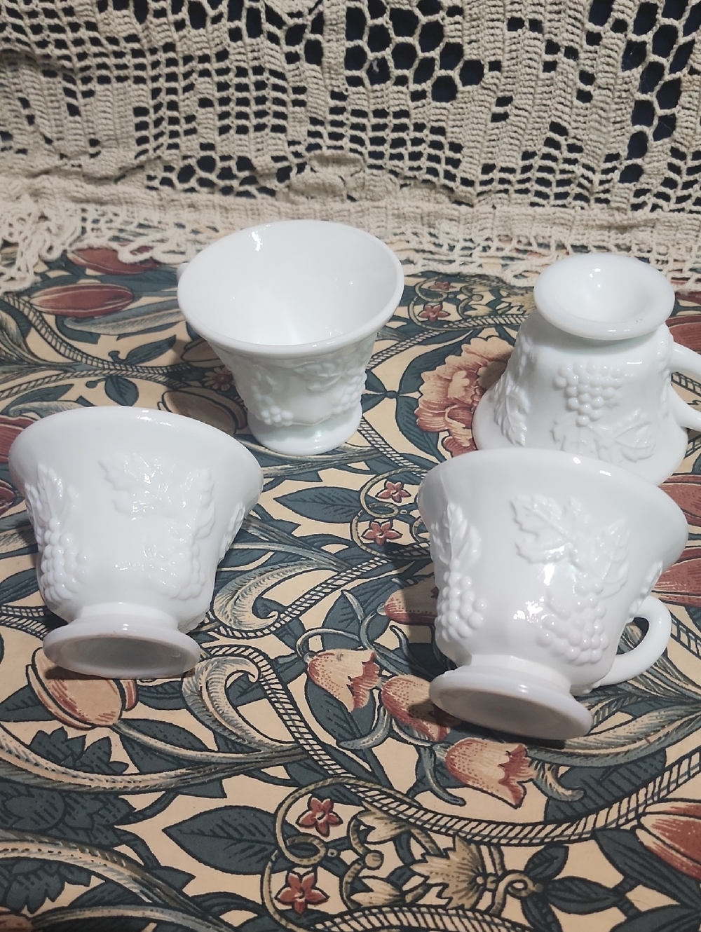 Vintage Indiana Glass White Milk Glass Grape Embossed Cups - Set of 4